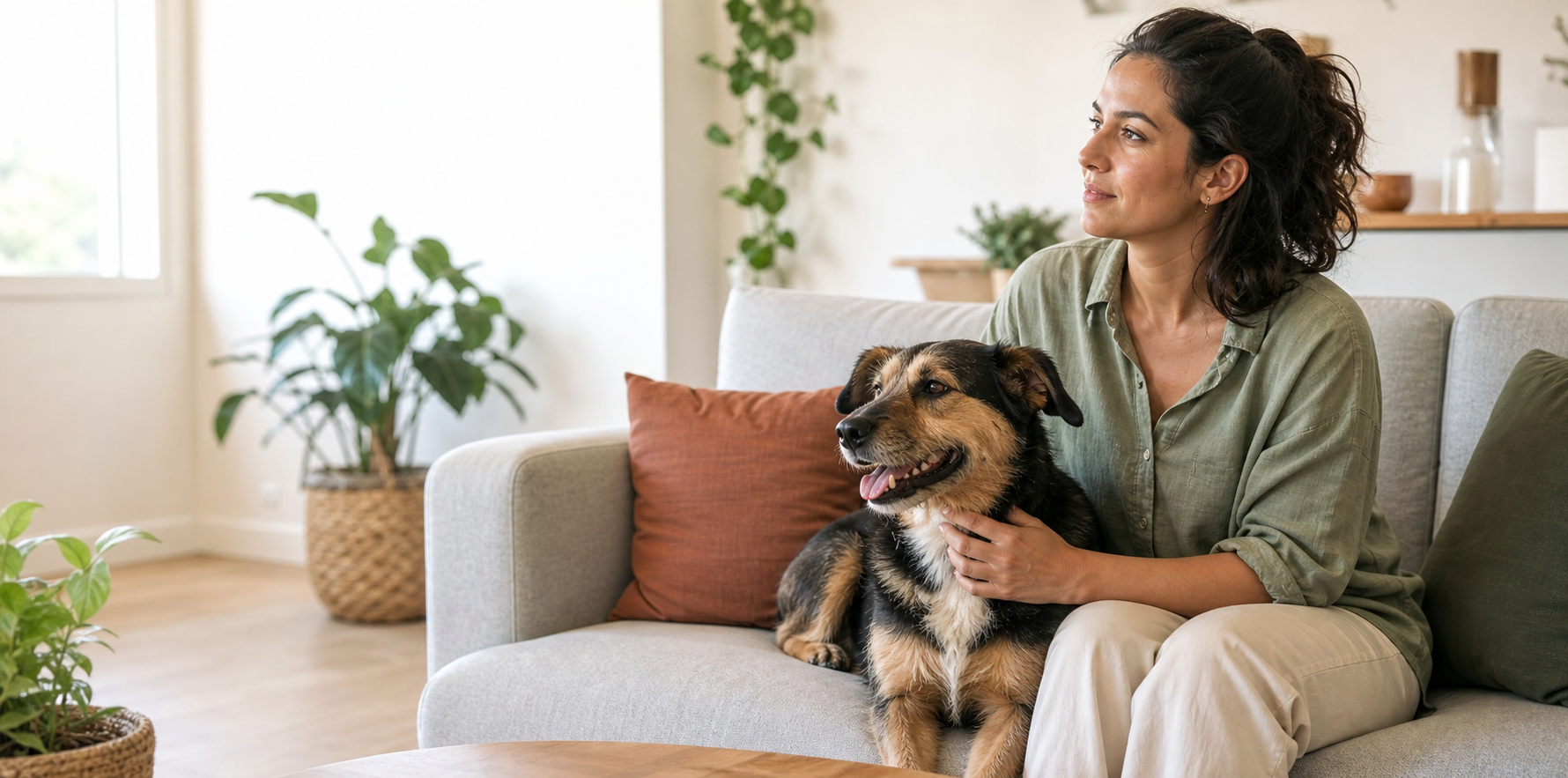 Mulher sentada em uma sala clara ao lado de um cachorro