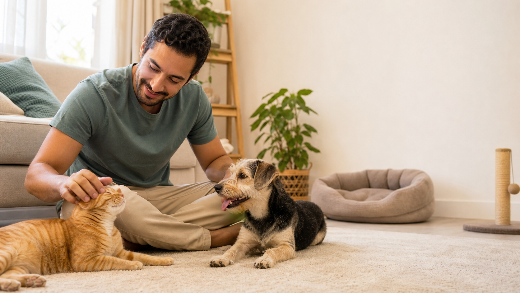 Homem em casa fazendo carinho em um gato e um cachorro