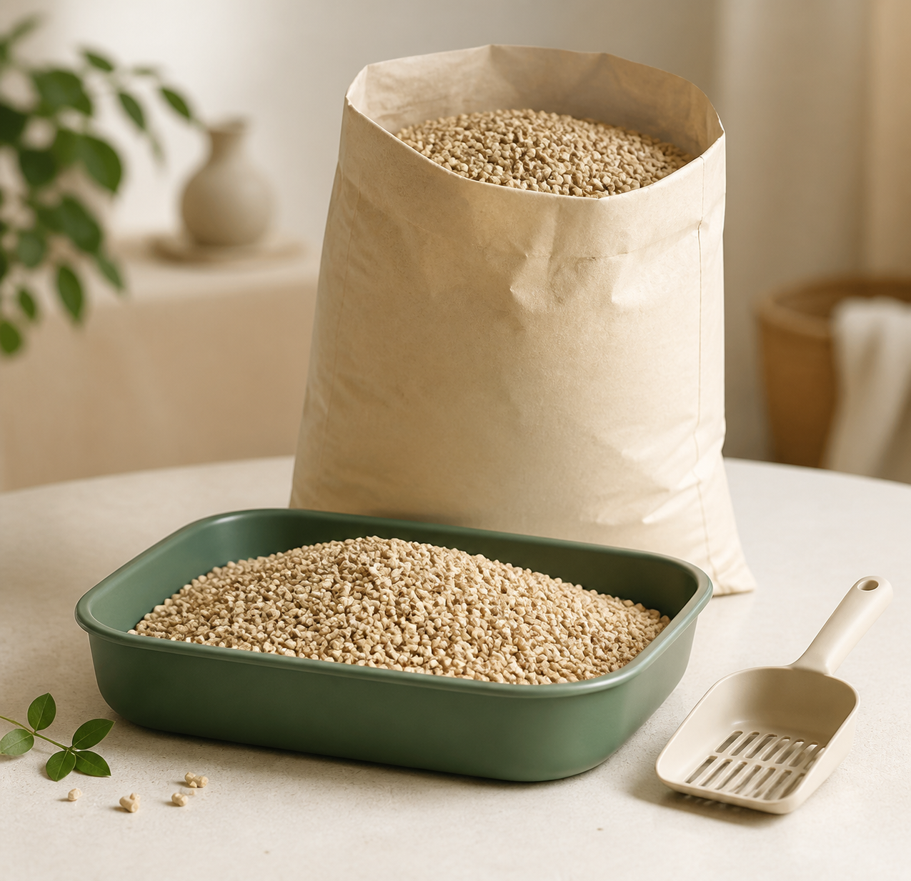 Areia vegetal em bandeja para gatos